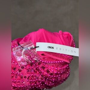 New ASOS EDITION pearl and fringe halter midi dress in hot pink size 14